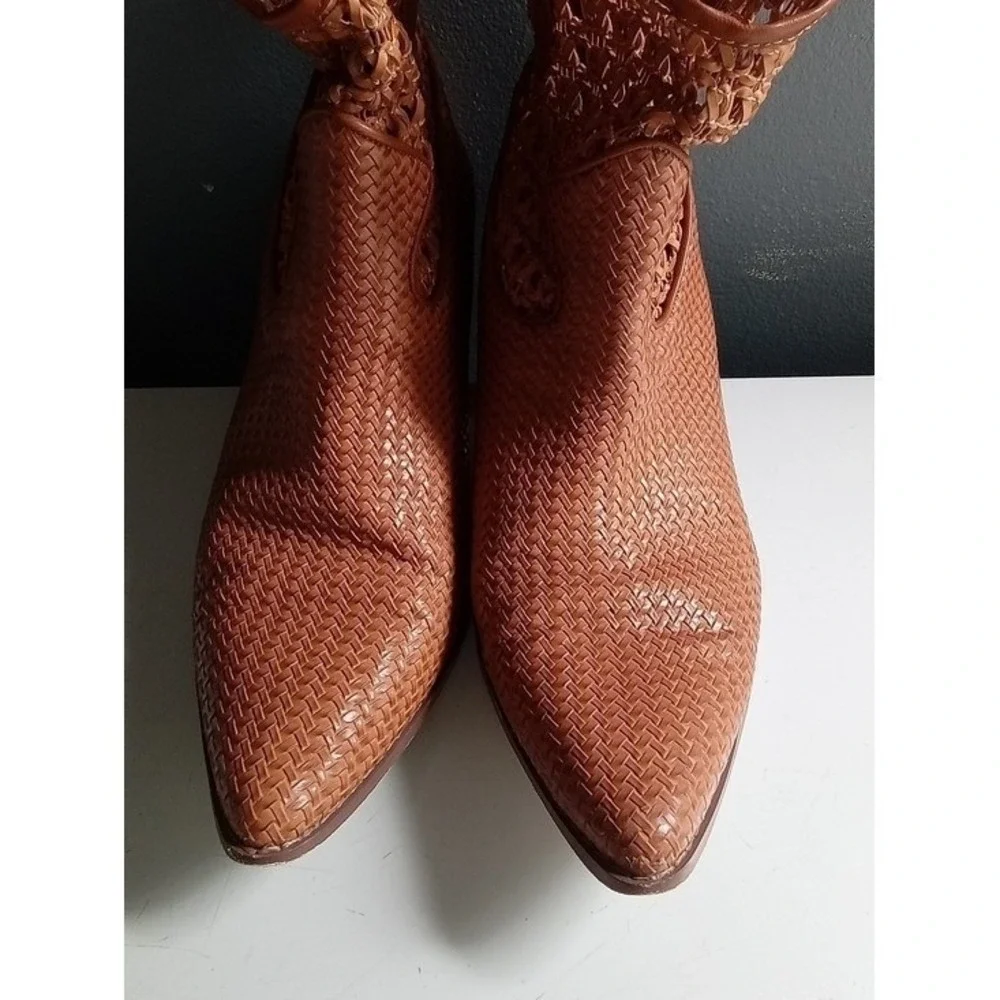 Cognac Woven Crochet Western Ankle Boots Pointed Toe Stacked Heel Brown Booties